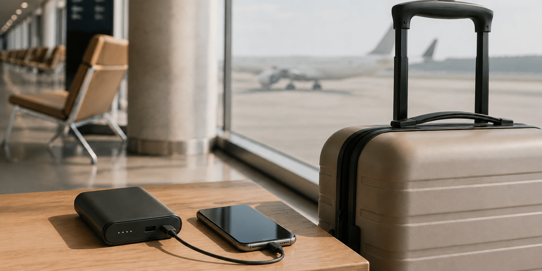 Powerbank och mobiltelefon bredvid en resväska inför en flygresa